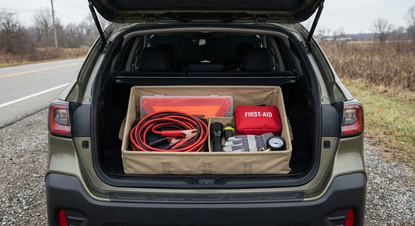 An open car trunk with a neatly packed roadside emergency kit including jumper cables, reflective triangles, and a small first-aid kit
