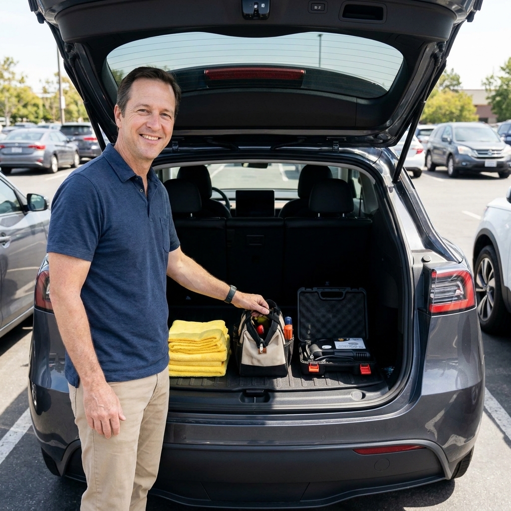 An open hatch showing neatly packed car meet essentials like microfiber towels, a small tool bag, and a portable tire inflator