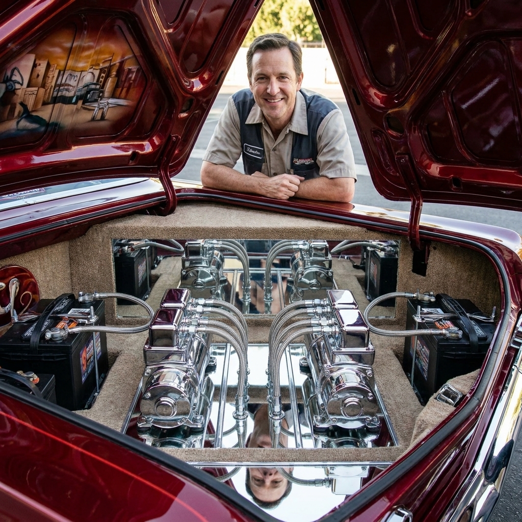An open lowrider trunk showing multiple chrome hydraulic pumps, neatly mounted batteries, and polished hydraulic lines arranged in a symmetrical layout