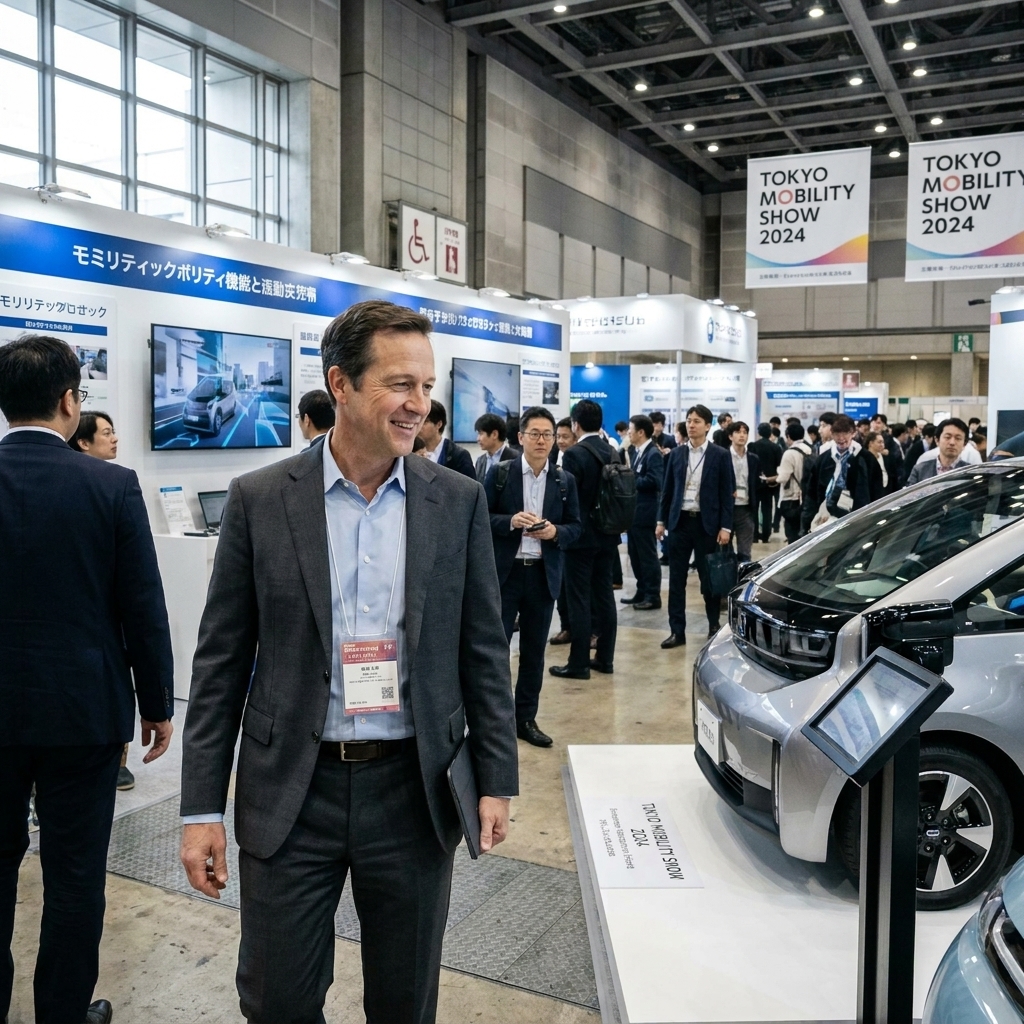 Attendees walking through a Tokyo convention hall during a mobility industry event with technology booths, demos, and meeting areas
