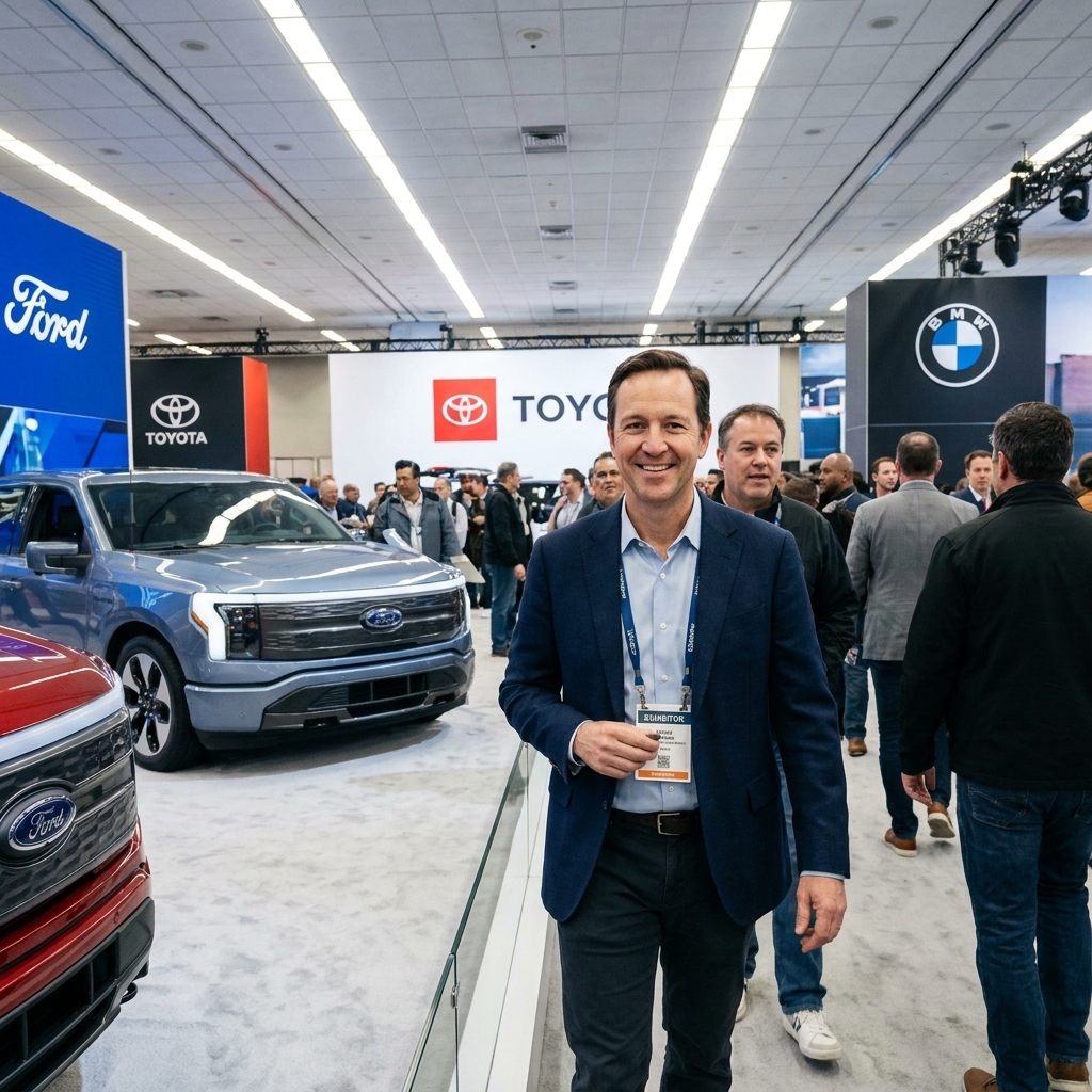 Attendees walking through the New York International Auto Show at the Javits Center with multiple manufacturer booths and new vehicles displayed under bright ceiling lights
