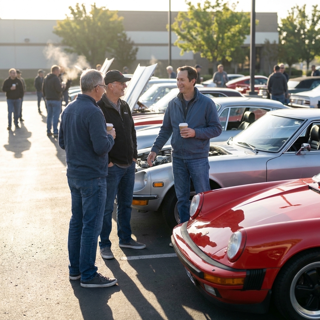 Car enthusiasts talking beside a row of parked cars at a weekend cars and coffee meet in early morning light