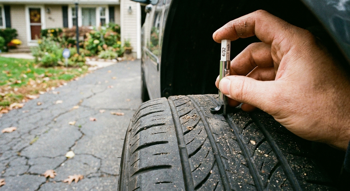 Close-up of a hand using a tire tread depth gauge on a car tire parked on a residential driveway