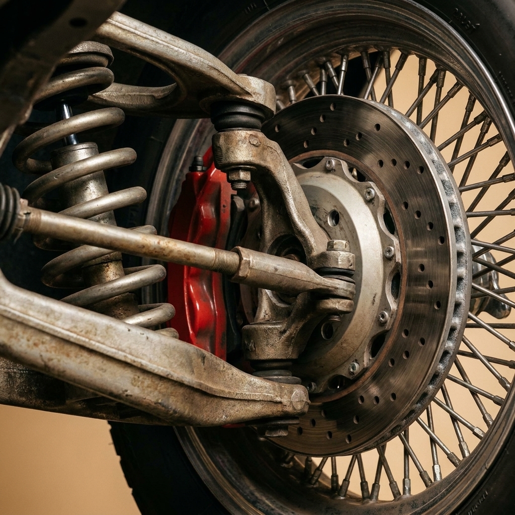 Close view of a classic car front suspension with modern disc brakes and a large ventilated rotor visible behind the wheel
