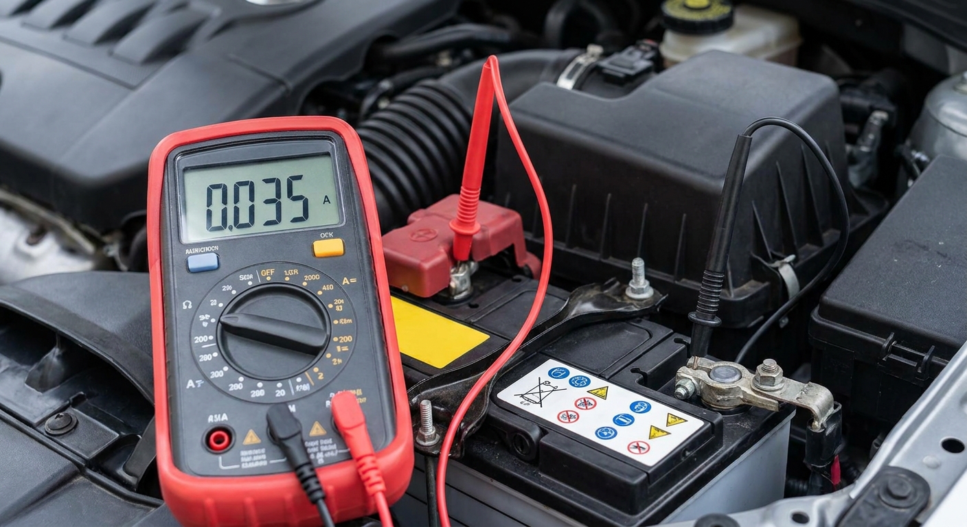 Digital multimeter connected in series between the negative battery post and the negative cable while the car is off