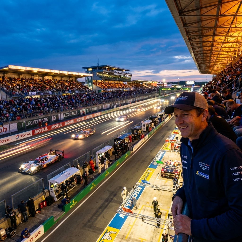 Endurance race cars streaking past the pit straight at Le Mans at dusk, with grandstands glowing under stadium lights