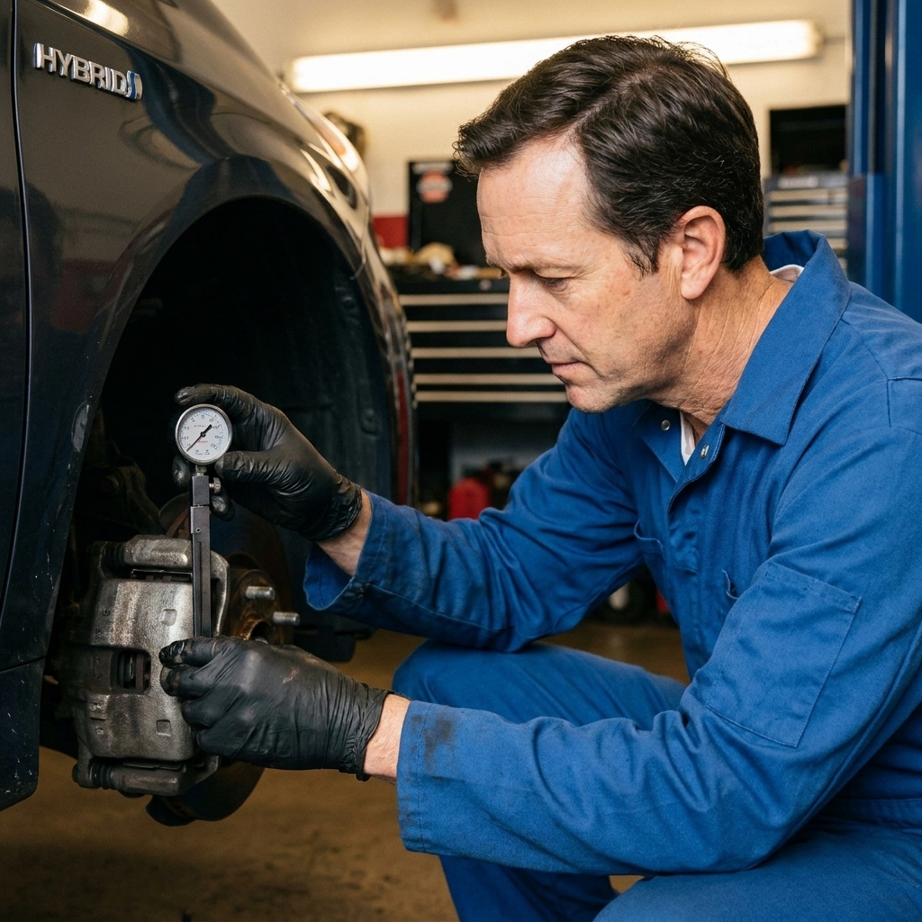 Gloved hands checking brake pad thickness on a hybrid vehicle with the wheel removed