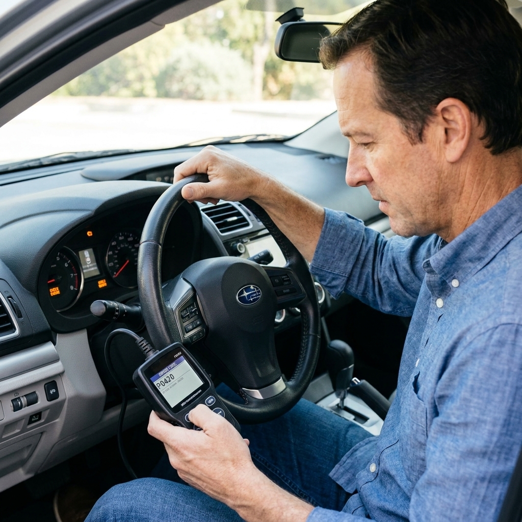 Handheld OBD2 scanner plugged into a car diagnostic port with a check engine light illuminated on the dashboard