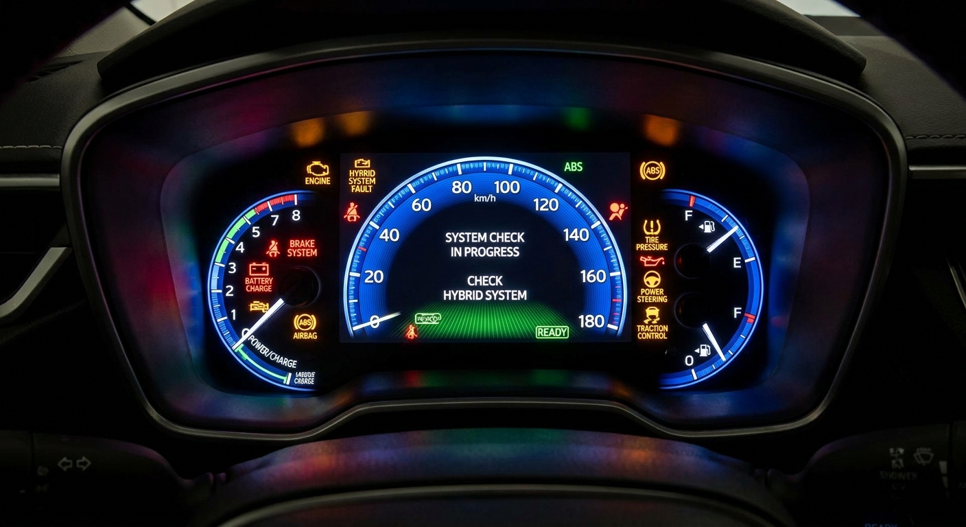 Hybrid car dashboard instrument cluster illuminated with multiple warning lights during the ignition self-check