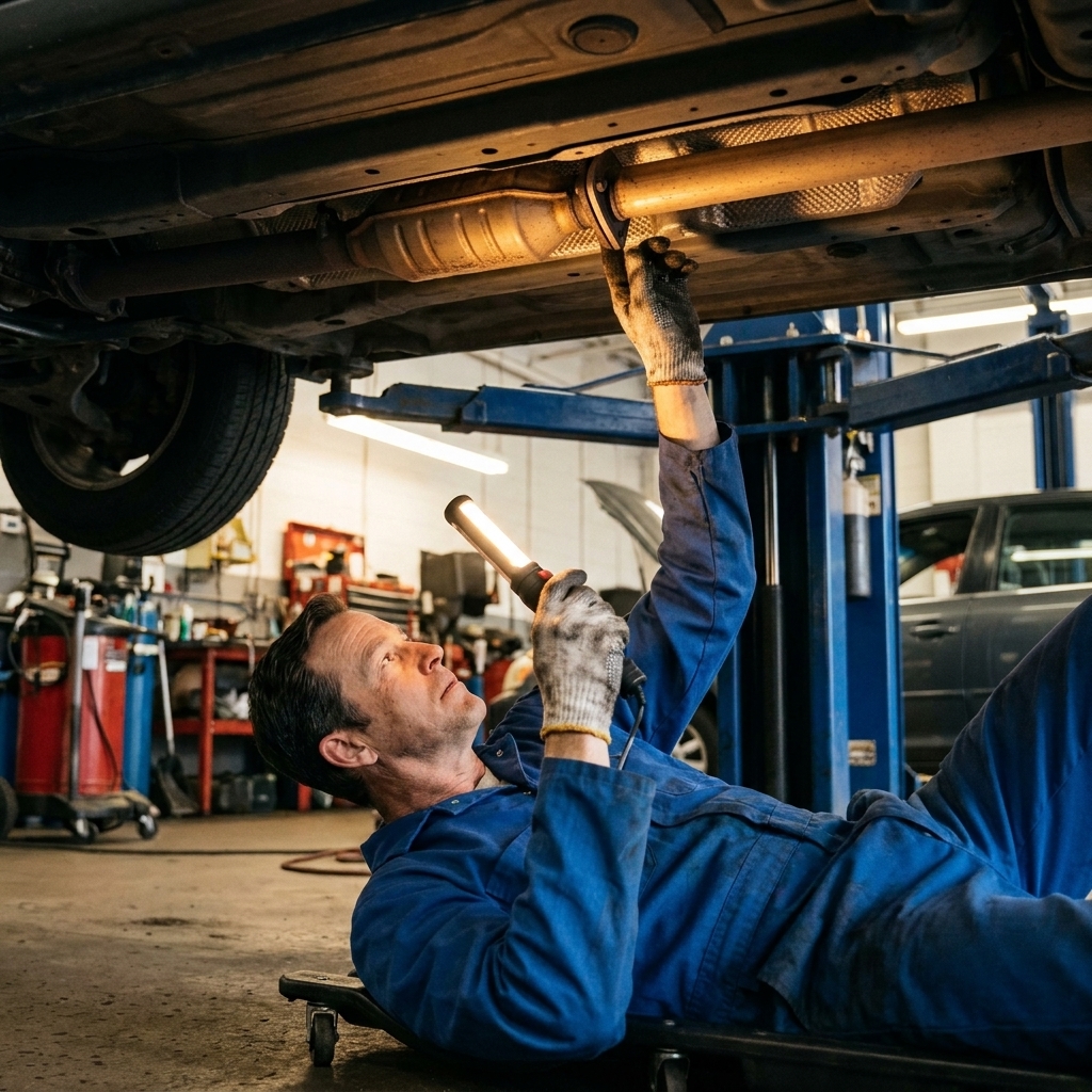 Mechanic under a vehicle on a lift inspecting the exhaust pipe near the catalytic converter with a work light