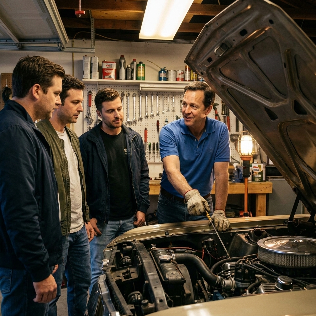 Several car club members gathered in a residential garage while one person demonstrates a simple maintenance check under an open hood