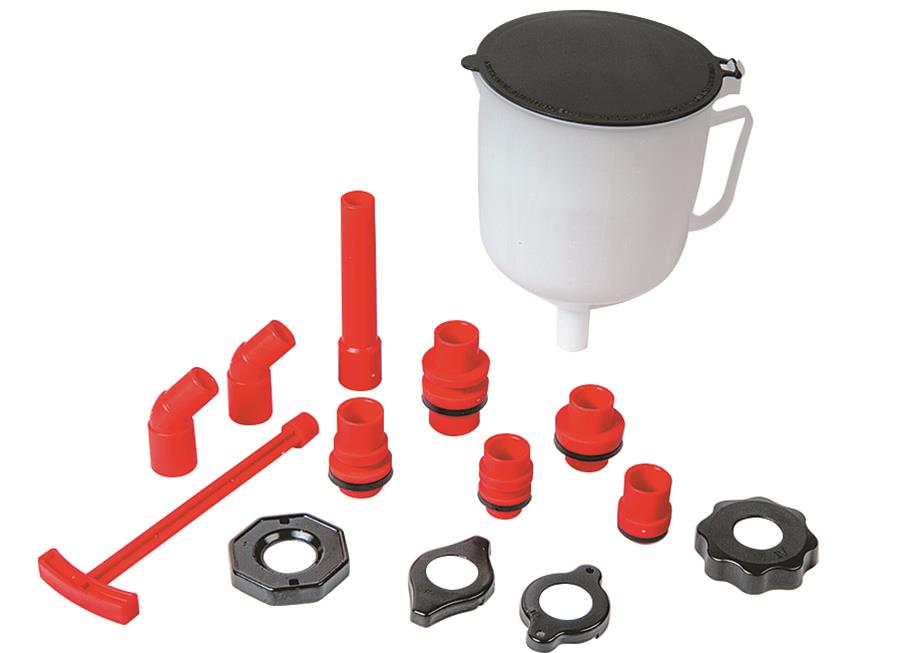 Spill-free funnel attached to a radiator fill neck while the engine warms up
