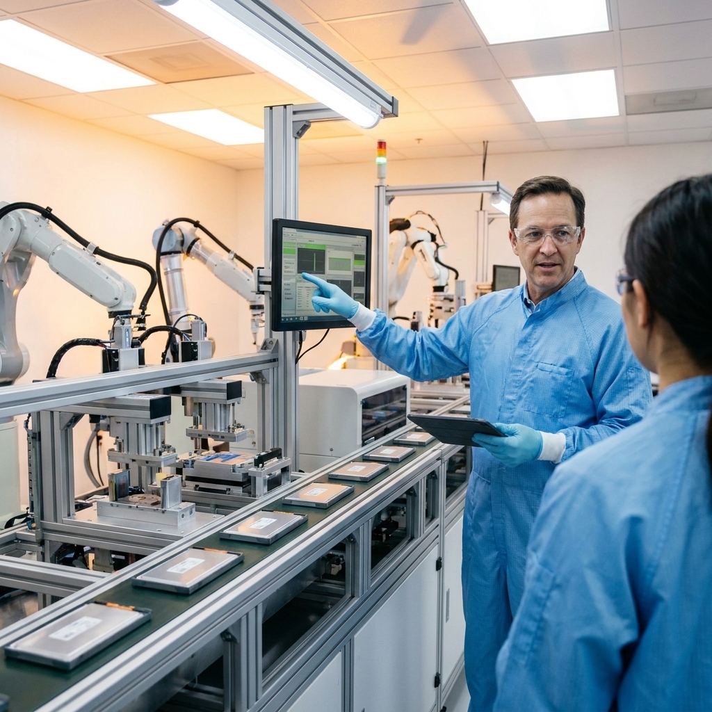 Technicians monitor automated equipment on a battery pilot production line as cell components move through stations for assembly and inspection