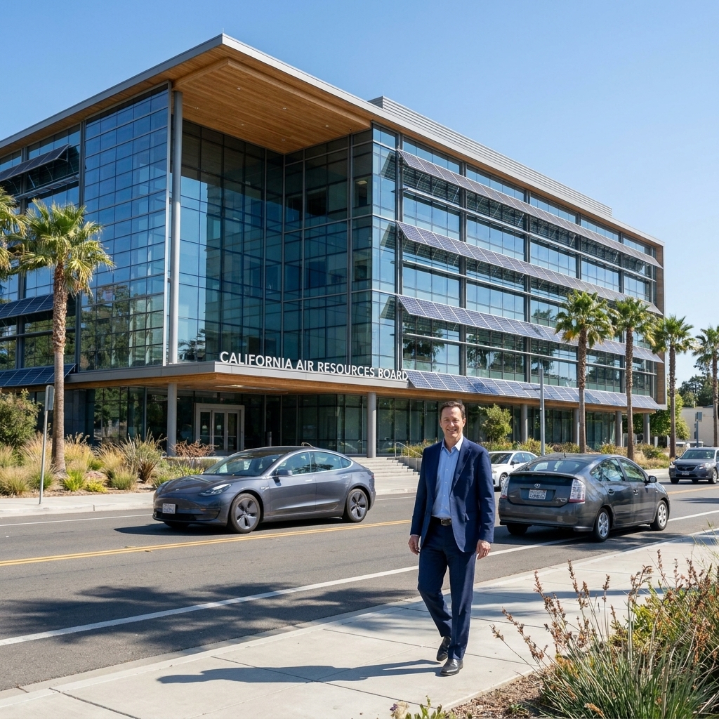 The exterior of the California Air Resources Board headquarters in Sacramento on a clear day, with cars passing in the foreground