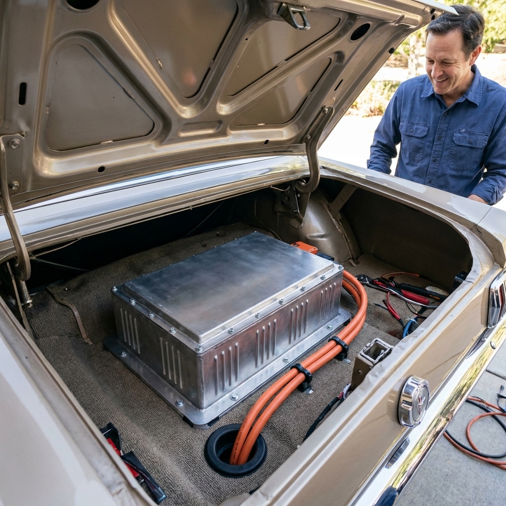 The open trunk of a vintage coupe with a sealed metal battery enclosure bolted to the floor and orange high-voltage cables routed through a grommet