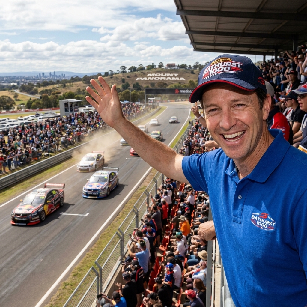Touring cars racing past a packed grandstand at Mount Panorama during the Bathurst 1000, with the hillside and skyline visible beyond the circuit