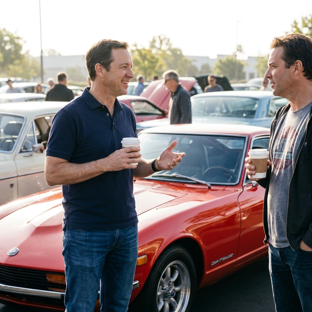 Two car enthusiasts chatting beside a classic Japanese sports car at a Cars and Coffee meet, with coffee cups in hand